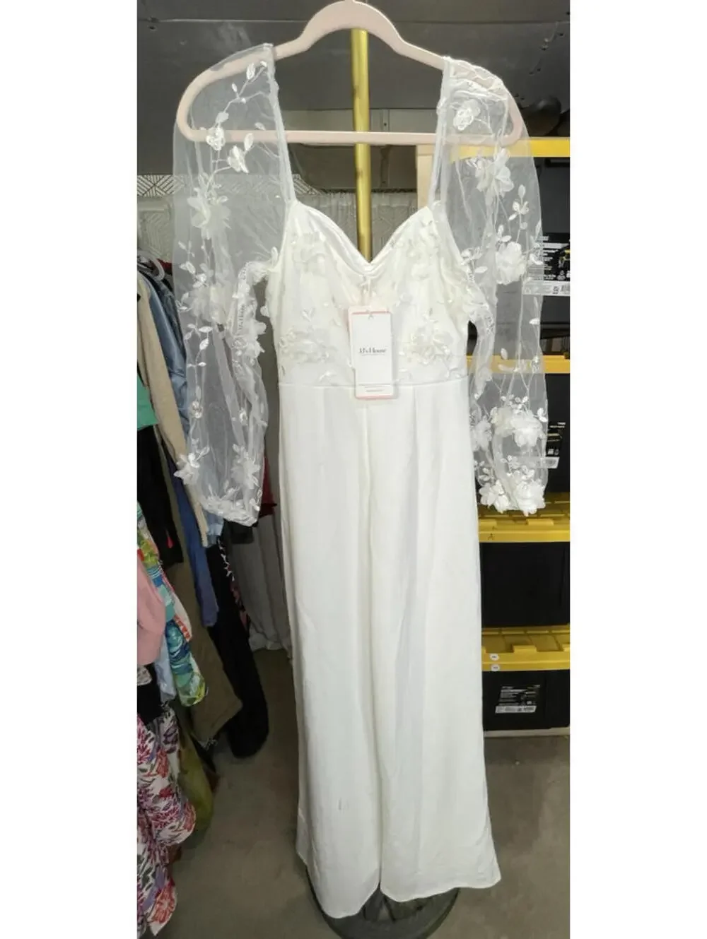 NWT JJ’s House White Bridal Jumpsuit With Sheer Floral Sleeves Back Zip Sz Small